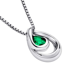 Load image into Gallery viewer, Peora Simulated Emerald Pendant Necklace in Sterling Silver, Wave Solitaire, Pear Shape, 7x5mm, 0.50 Carat with 18 inch Chain
