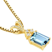 Load image into Gallery viewer, Peora Aquamarine with Genuine Diamond Pendant in 14 Karat Yellow Gold, Elegant Solitaire, Radiant Cut, 7x5mm