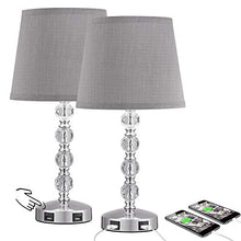 Load image into Gallery viewer, 3 Way Dimmable Touch Control Crystal Table Lamp with 2 USB Charging Ports, Acaxin Bedside Light with Mordern Gray Fabric Shade, Bed Lamp for Bedroom, Living Room, Guest Room Set of 2 (Bulb Included)