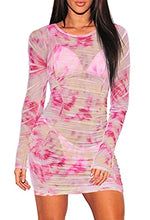 Load image into Gallery viewer, COCOLEGGINGS Women's Tie Dye Sheer Mesh Sleeveless Ruched Drawstring Beach Cover Up Dress Pink S