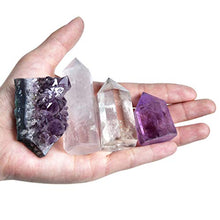 Load image into Gallery viewer, Healing Small Size Natural Crystal Wands | 1-2" Amethyst Crystal, Clear Quartz Crystal Wand & Rose Quartz Crystal Points&Deep Amethyst Cluster | 6 Faceted Reiki Chakra Meditation Therapy (Set of 4)