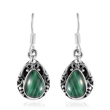 Load image into Gallery viewer, 925 Sterling Silver Pear Malachite Vintage Dangle Drop Oxidized Tribal Fish Hook Earrings Boho Handmade Fashion Jewelry for Women