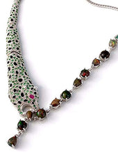 Load image into Gallery viewer, Splendid Tiger Necklace with Genuine Solid Black OPAL (11 Gems), EMERALD (30 Gems), TSAVORITE and RUBY Natural Gemstones, 14k White GOLD, Superb Fine 'Cartier' Style Jewelry.