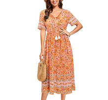 Load image into Gallery viewer, Arach&Cloz Women's Boho Tie Neck Printed Short Sleeve Floral Summer Loose Tassels Casual Midi Dress with Pockets (Floral01,S)