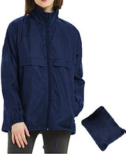 Load image into Gallery viewer, Mywu Women Packable Raincoat Waterproof Lightweight Outdoor Hooded Rain Jacket Navy Size S