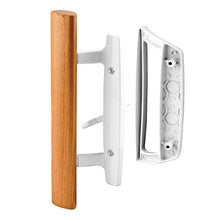 Load image into Gallery viewer, Mortise Style Reversible Sliding Patio Door Handle Set with Oak Wood Interior Handle and Exterior Pull in White Diecast Finish Fits 3-15/16” Screw Hole Spacing, Non-keyed with Latch Locks (White)