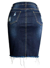 Load image into Gallery viewer, chouyatou Women's Bodycon Front Split Frayed Dark Washed Midi Denim Pencil Skirt (Medium, Dark Blue)