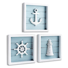 Load image into Gallery viewer, TideAndTales Nautical Wall Decor Set of 3 (7"x7") Rustic Beach Decor with 3D Anchor, Lighthouse and Ship Wheel | Wooden Beach Bathroom Decor | Ocean Coastal Theme Decorations for Home Nautical Gifts