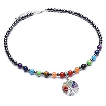 Load image into Gallery viewer, Top Plaza 7 Chakra Reiki Healing Crystals Gemstone Black Metal Hematite Magnetic Beads Therapy Necklace Bracelet with Tree of Life Pendant