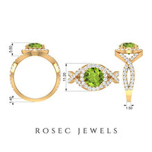 Load image into Gallery viewer, Spiral Shank Engagement Ring, D-VSSI 3 CT Moissanite, 8 MM Peridot Ring, Halo Gemstone Solitaire Ring, Classic Wedding Ring, Bridal Statement Ring, 14K Rose Gold, Size:US 12.5