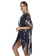 Load image into Gallery viewer, Women Kimono Swimsuit Cover Up Cardigan - Black Flower Chiffon Print Swimwear Beach Bathing Bikini Coverup Boho Batwing Loose Tops Outwear Kimono Dress Plus Size Loose Sleeve Shaw Black Big Flower