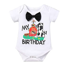 Load image into Gallery viewer, Farm Animals 1st Birthday Outfit Boys Baby Cake Smash Bowtie Romper Suspenders Diaper Covers Shorts First Cow Theme Farm Birthday Party Supplies Decorations for Photo Shoot Black 12-18 Months