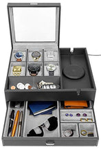 Load image into Gallery viewer, HOUNDSBAY Commander Dresser Valet Watch Box Case & Mens Jewelry Box Organizer with Smartphone Charging Station (Black/Gray)