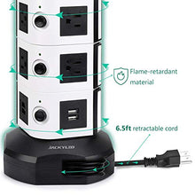 Load image into Gallery viewer, Power Strip Tower JACKYLED Surge Protector Electric Charging Station 3000W 13A 10 Outlets 4 USB Ports with 16AWG 6.5ft Heavy Duty Extension Cord for Home Office