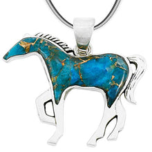 Load image into Gallery viewer, Horse Necklace Sterling Silver Genuine Turquoise & Gemstones with 20" Chain (Teal/Matrix Turquoise)