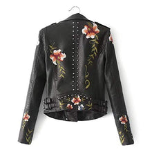 Load image into Gallery viewer, Ultramall Leather Jacket Women Casual Long Sleeve Embroidered Studded Zipper Slim Black Motorcycle Jacket Short Coat