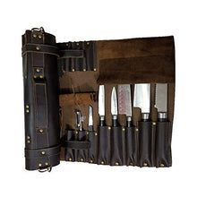 Load image into Gallery viewer, Chef knife bag |Travel-Friendly Chef Knife Wrap Bag | Genuine Leather Knife Roll | Storage Bag Handles Carry Case Kitchen | travel bag knives holder | for professional Chefs | KB003 (Dark Brown)