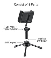 Load image into Gallery viewer, Cell Phone Tripod Adaptor + Mini Tripod: 360 Degree Rotating Holder Tripod Mount for Portrait and Landscape Mode, Universal Clip for All iPhone Models and Most of Other Cell Phones