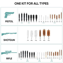 Load image into Gallery viewer, CALIXPERT Universal Gun Cleaning Kit with Storage Case for Hunting Rifle Handgun Shot Gun Pistol of Different Calibers with Extra Stainless Steel Pick (Plastic Jags and Loops)