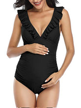 Load image into Gallery viewer, Summer Mae Maternity Swimsuit V-Neck One Piece Swimsuit Ruffled Lace Up Monokini Black L