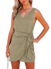 Load image into Gallery viewer, MIROL Women's Sleeveless Silk Mini Dress Tie Waist Casual V Neck Satin Beach Dress Solid Ruched Bodycon Tank Dress Khaki