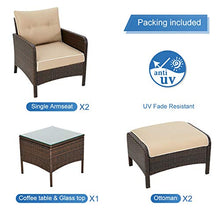 Load image into Gallery viewer, U-MAX 5 Pieces Patio Furniture Set Outdoor Chair and Ottoman Set with Cushions & Side Table, Brown PE Wicker Rattan Lawn Pool Balcony Backyard Conversation Lounge Set, White & Tan Cushion
