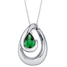 Load image into Gallery viewer, Peora Simulated Emerald Pendant Necklace in Sterling Silver, Wave Solitaire, Pear Shape, 7x5mm, 0.50 Carat with 18 inch Chain