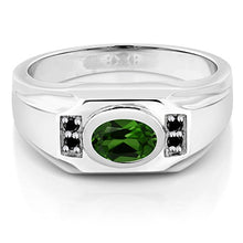 Load image into Gallery viewer, Gem Stone King 1.33 Ct Oval Green Chrome Diopside Black Diamond 925 Sterling Silver Men's Ring (Size 7)