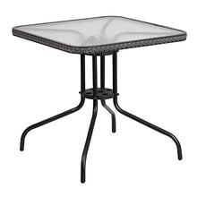 Load image into Gallery viewer, Flash Furniture 28'' Square Glass Metal Table with Gray Rattan Edging and 4 Gray Rattan Stack Chairs