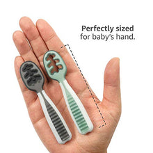 Load image into Gallery viewer, NumNum Pre-Spoon GOOtensils | Baby Spoon Set (Stage 1 + Stage 2) | BPA Free Silicone Self Feeding Toddler Utensils | For Kids Ages 6 Months+, 2-Pack (Four Spoons), Storm Gray/Glacier Green