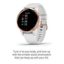Load image into Gallery viewer, Garmin vivoactive 4S, Smaller-Sized GPS Smartwatch, Features Music, Body Energy Monitoring, Animated Workouts, Pulse Ox Sensors And More, Rose Gold With White Band