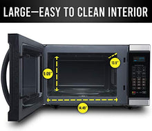 Load image into Gallery viewer, Farberware Black FMO11AHTBSJ 1.1 Cu. Ft 1100-Watt Microwave Oven with Smart Sensor Cooking, Inverter Technology, ECO Mode and Blue LED Lighting, Black Stainless Steel