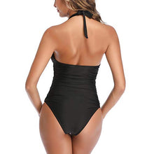Load image into Gallery viewer, Smismivo Women's Tummy Control Swimwear Plus Size Halter One Piece Retro Swimsuit Sexy Ruched Vintage Slimming Bathing Suit Black