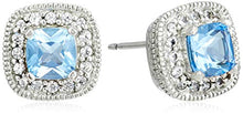 Load image into Gallery viewer, Sterling Silver Genuine Swiss Blue Topaz and Created White Sapphire Halo Cushion Stud Earrings