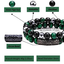 Load image into Gallery viewer, 2Pcs Triple Protection Bracelet,Natural Tigers Eye Black Obsidian and Hematite 8 MM Beads Bracelet for Men Women Gift, Healing Crystal Bracelet Bring Luck and Prosperity and Happiness (Green)
