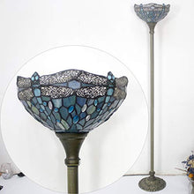 Load image into Gallery viewer, Tiffany Style Torchiere Light Floor Standing Lamp Wide 12 Tall 66 Inch Sea Blue Stained Glass Crystal Bead Dragonfly Lampshade for Living Room Bedroom Antique Table S147 WERFACTORY