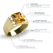 Load image into Gallery viewer, Blake's 10K Solid Yellow Gold Ring for Men with Baguette-Shape Citrine and 2 Diamond Accents, Men Fine Jewelry for Dad Men Gifts for Him, Men’s Jewelry (Size 5-15)