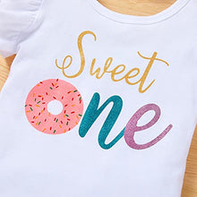 Load image into Gallery viewer, Baby Girl 1st Birthday Cake Smash Outfits Donuts Romper+Tutu Skirt+Headband+Leg Warmers Clothes 4Pcs Set(Colorful 1, 9-12 Months)