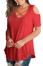 Load image into Gallery viewer, Cold Shoulder Tops for Women Plain Short Sleeve T Shirts V Neck Blouse Red XL