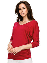 Load image into Gallery viewer, MBJ WT1036 Womens V Neck 3/4 Sleeve Dolman Top with Side Shirring S RED