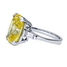 Load image into Gallery viewer, BERRICLE Rhodium Plated Sterling Silver Canary Yellow Cushion Cut Cubic Zirconia CZ Statement 3-Stone Cocktail Anniversary Fashion Right Hand Ring Size 7