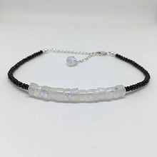 Load image into Gallery viewer, 925 sterling Silver Unique Wedding Gift 4x2-5x3mm stacking Black & White Rainbow Moonstone and Black Spinel Bracelet Rondelle, Faceted & Smooth 7" for mens, womens, gf, bf & Adult.