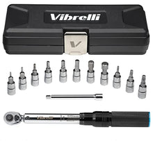 Load image into Gallery viewer, Vibrelli Bike Torque Wrench Set - 1/4 Inch Drive - 2 to 20nm, 0.1 Nm Micro - Essential MTB & Bicycle Torque Wrench Tools. Hex/Allen 2-10, Torx 10-30, 100mm Extension Socket, Storage Case