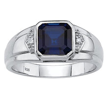 Load image into Gallery viewer, Men's Platinum over Sterling Silver Simulated Blue Sapphire and Diamond Accent Ring Size 10
