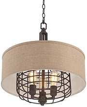 Load image into Gallery viewer, Tremont Rust Cage Pendant Chandelier 20" Wide Industrial Rustic Tan Burlap Drum Shade 3-Light Fixture for Dining Room House Foyer Kitchen Island Entryway Bedroom Living Room - Franklin Iron Works