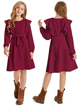 Load image into Gallery viewer, Quedoris Girls Ruffle Trim Long Sleeve Belted Dress with Zipper Wine Fall 150Y