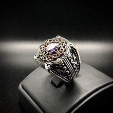 Load image into Gallery viewer, MEVA 925 Sterling Silver Stylish Filigree Design Amethyst Stone Men's Ring RKB0038 (9.50)