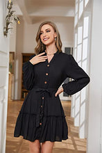 Load image into Gallery viewer, SPIEZ Women's V Neck Linen Pocket Dresses for Women Flowy Ruffle Dress Button Down Long Sleeve Casual Loose Mini T-Shirt Dress 01Black Large