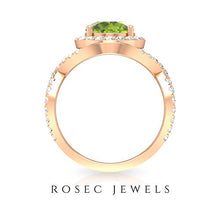 Load image into Gallery viewer, Spiral Shank Engagement Ring, D-VSSI 3 CT Moissanite, 8 MM Peridot Ring, Halo Gemstone Solitaire Ring, Classic Wedding Ring, Bridal Statement Ring, 14K Rose Gold, Size:US 12.5