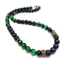 Load image into Gallery viewer, Handmade Green Tiger Eye and Lava Rock Beaded Necklace For Men_Green (24, Boho)